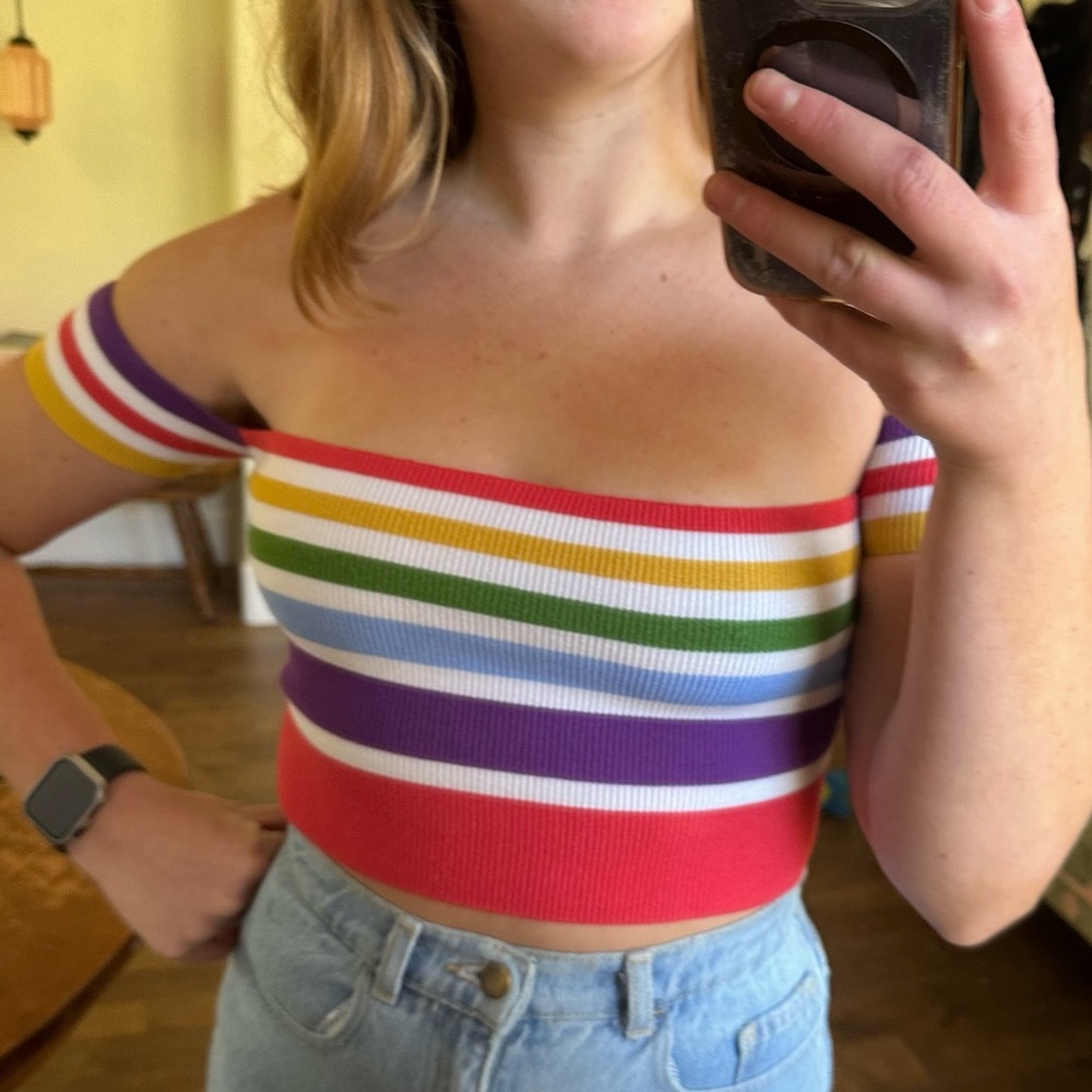 Rainbow Off the Shoulder Banded Crop Top